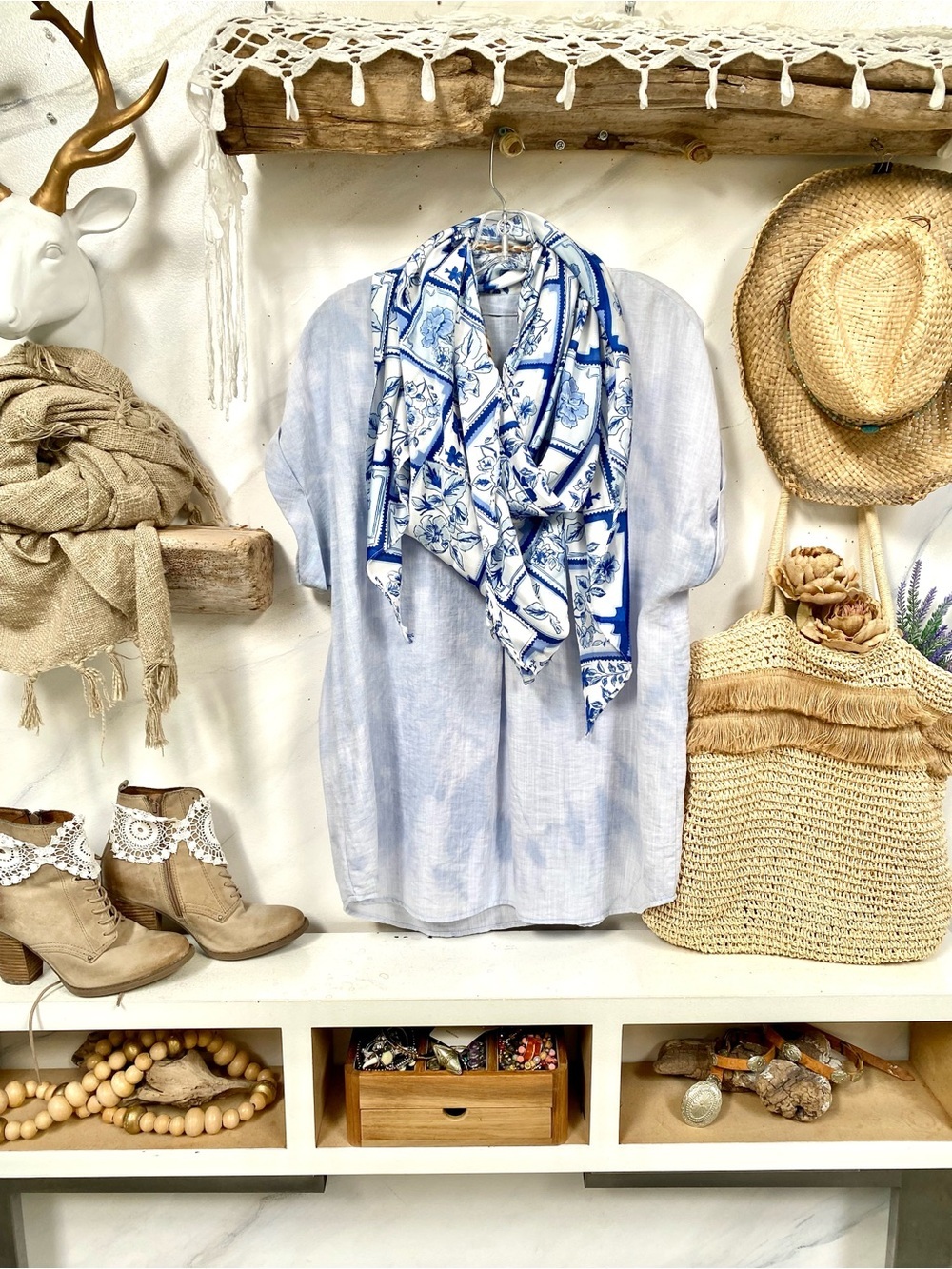 Coastal Mediterranean French provincial floral vibe boho scarf resort vacay vibe